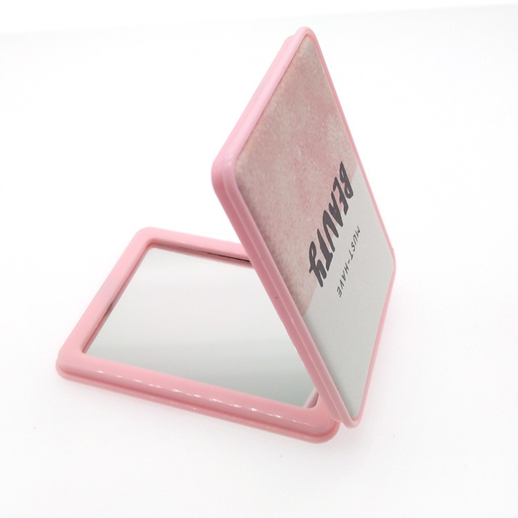 粉色塑胶方形镜子 可爱卡通折叠镜女生随身镜 便携式口袋镜子PU皮革化妆镜厂家定制