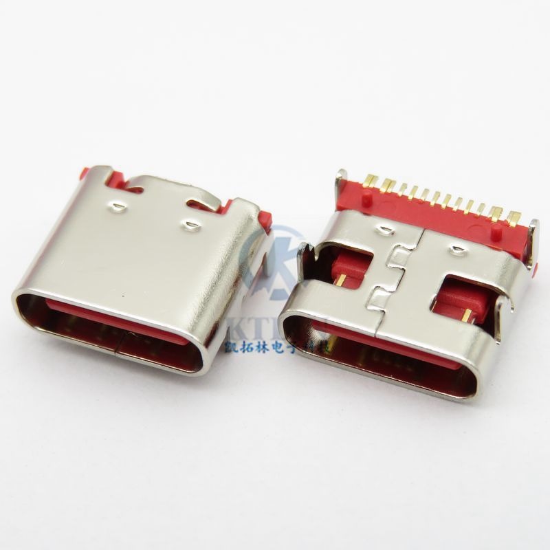 USB 16Pin TYPE-C母座 卧式 四脚直插 直边 带柱 16p连接器 红胶芯