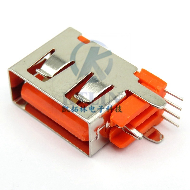 侧插 4pin 2.0 USB母座 侧立式 短体10.0连接器 加高2.0 直边 橙胶芯