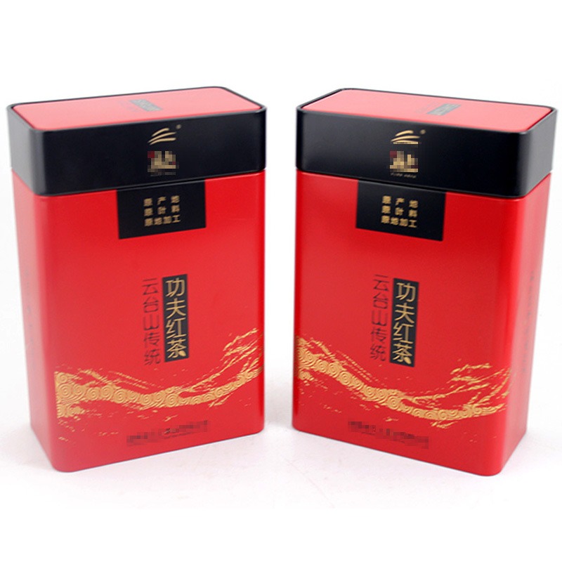 功夫红茶铁盒包装生产厂家 长方形茶叶包装铁罐印刷 麦氏罐业 红色礼品铁盒子 铁罐厂家图片