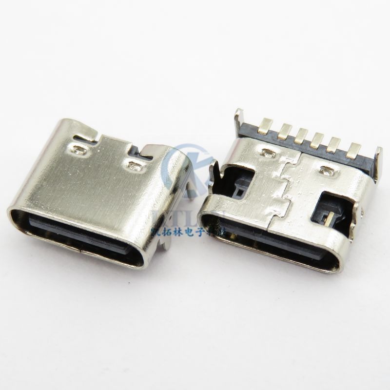 Type-c 6p USB母座 卧式 四脚直插 直边 6pin 连接器 无弹