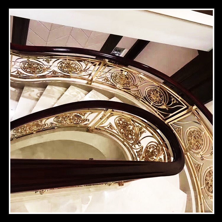 纯黄铜雕刻楼梯 新中式豪宅卧室铜色栏杆环保及设计理念