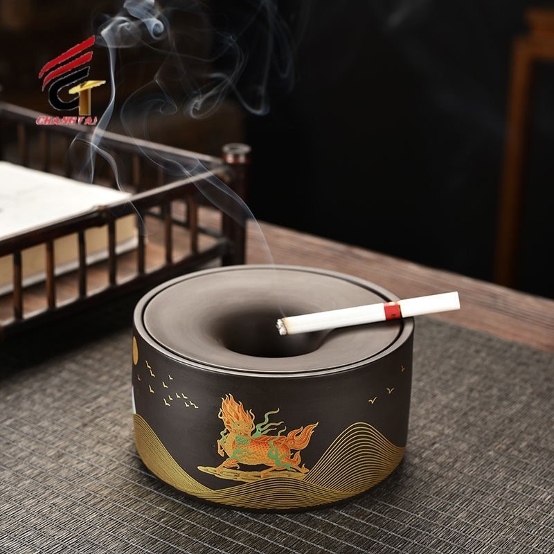 创意个性陶瓷烟缸 手绘粗陶复古简约黑陶家用客厅烟灰缸 昌泰工艺图片