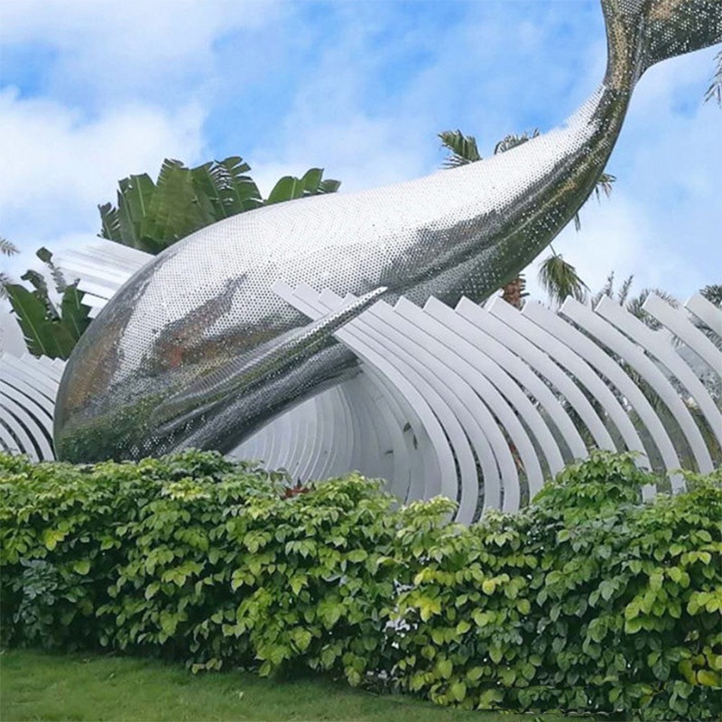 不锈钢鲸鱼雕塑 巨型镜面雕塑 镂空摆件 海洋动物雕塑 公园落地摆件