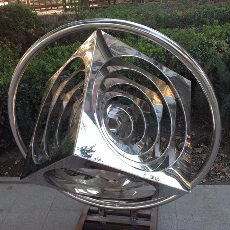 不锈钢圆环雕塑 正方形摆件 镂空镜面雕塑 立体正方形摆件 广场景观雕塑