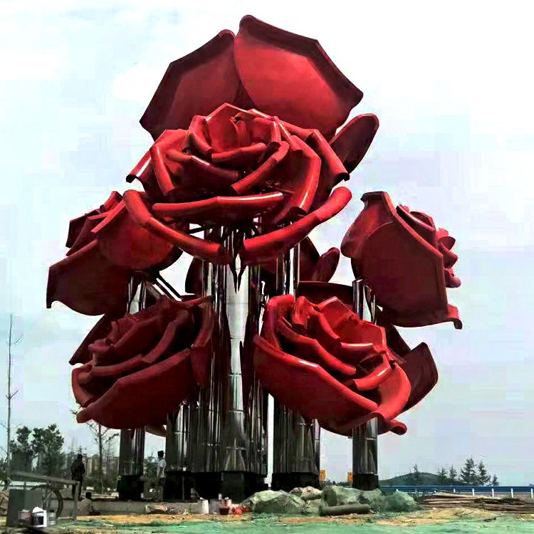 不锈钢玫瑰花雕塑定制，红色玫瑰花造型雕塑厂家图片