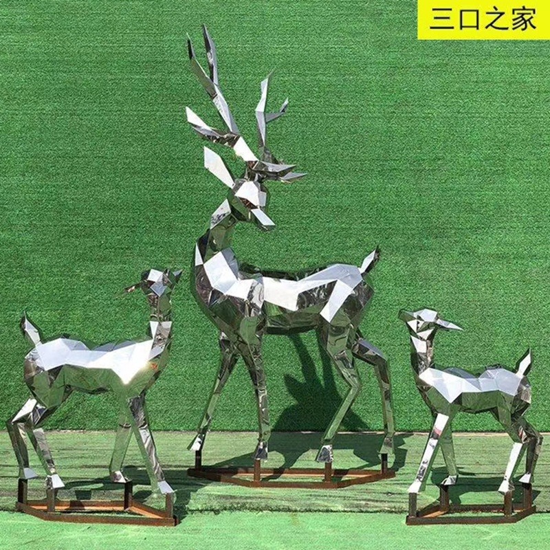 母子鹿雕塑 不锈钢鹿 镀锌板金属几何鹿雕塑 抽象铁艺小鹿摆件