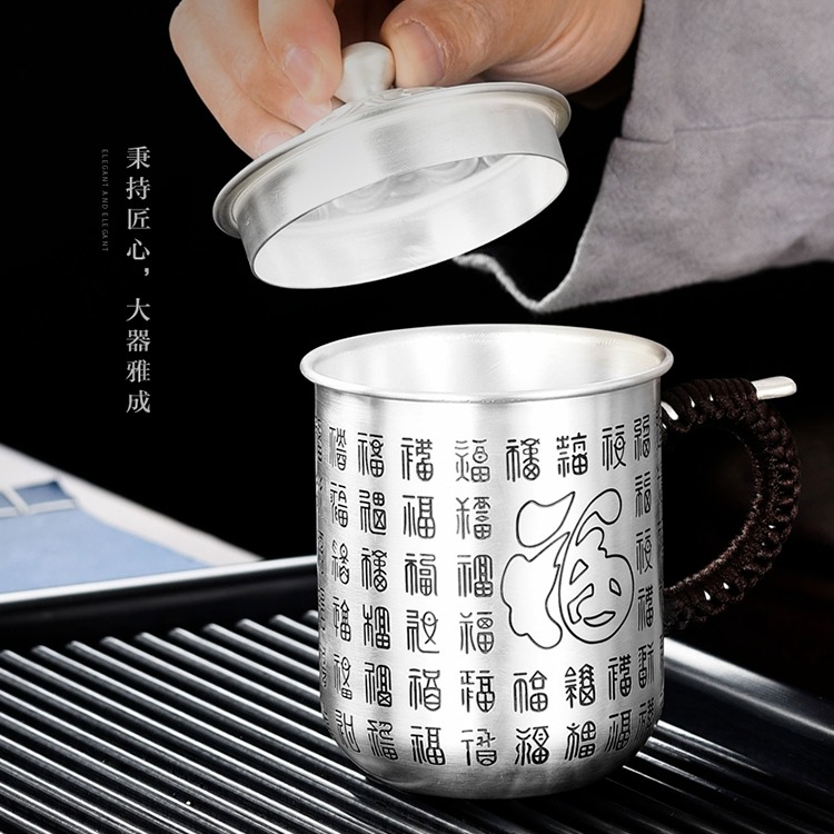 百福纯银999泡茶喝茶水杯 手工银茶杯 家用高端养生水杯茶具