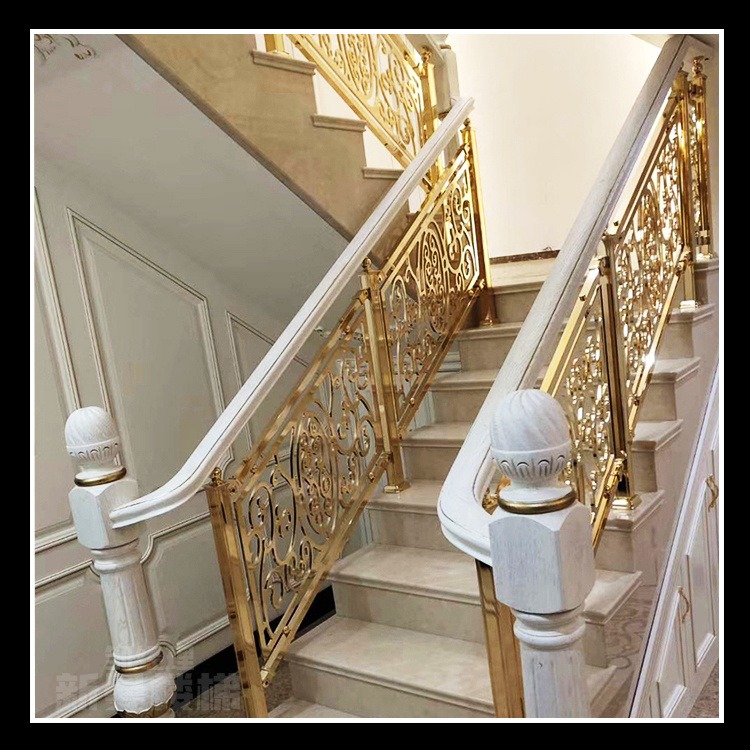 K金铜楼梯 大理石踏步铜护栏 楼梯配件及成品定制图片