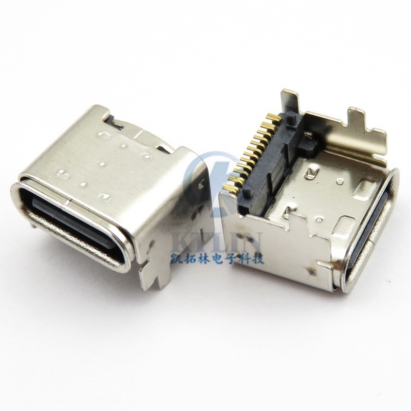 USB TYPE-C母座 16p 垫高1.9mm 90度 四脚直插 CH=3.5mm 双外壳 带柱