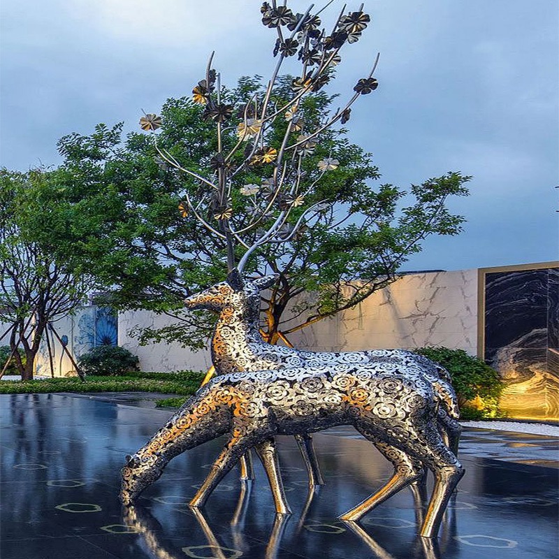 不锈钢雕塑 镂空鹿雕塑 镜面雕塑 景观艺术摆件 不锈钢动物雕塑
