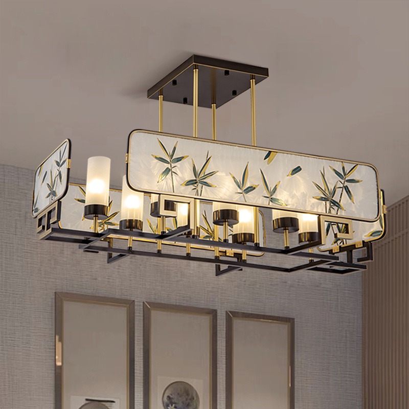 售楼部新中式吊灯 长方形全铜珐琅彩餐厅灯茶室竹叶艺术灯图片
