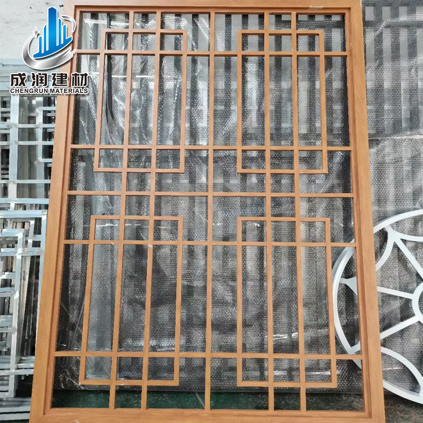 成润新中式木纹铝方管窗花 铝管屏风 铝格栅山水画背景墙铝花格 护栏