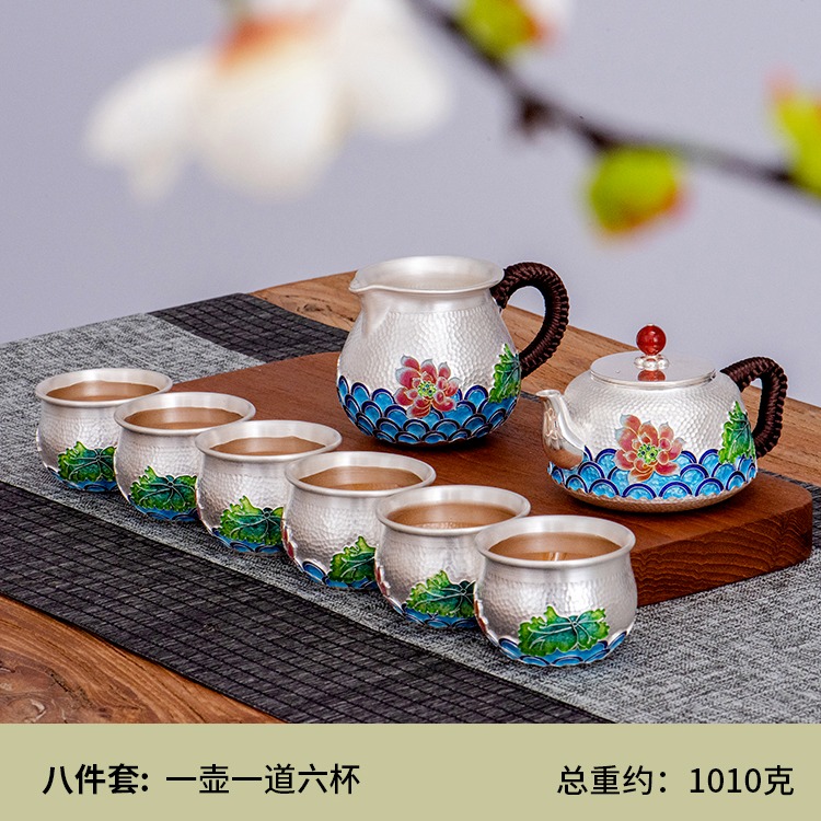 珐琅彩S999银壶茶具套装 手工纯银功夫茶器景泰蓝公杯茶杯图片