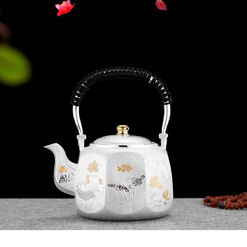 一张打日式银壶 纯银999烧水壶煮茶壶提梁壶 功夫泡茶茶具